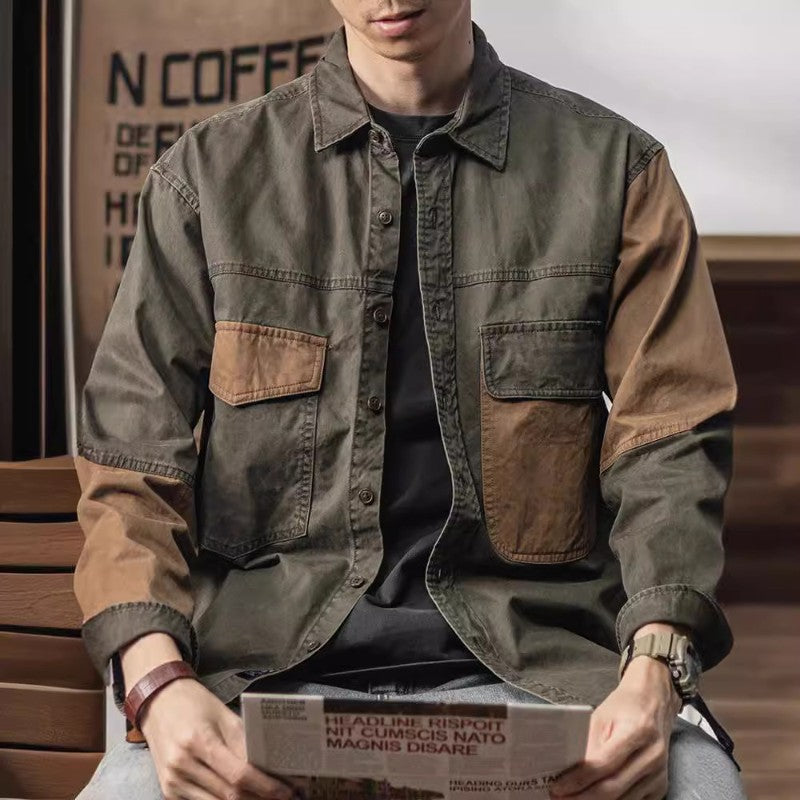Spring and autumn new American vintage khaki loose long-sleeved shirt Japanese casual cargo shirt men's patchwork trend top