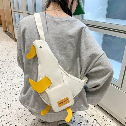 Beige and white new cute duck shape canvas bag student chest bag shoulder bag trend funny cartoon crossbody bag 1 outfit