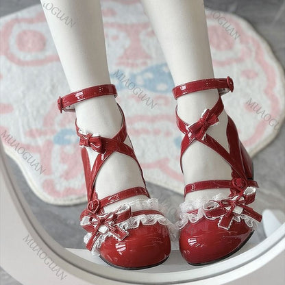 Sapatos de salto alto Lolita vermelhos, sapatos de salto grosso de renda para primavera e outono, sapatos de couro envernizado Mary Jane para mulheres