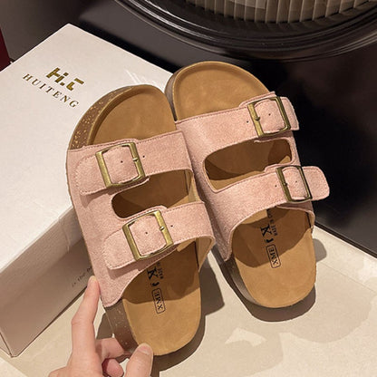 Bebealy Women's Sandals Soft-soled Platform Sandals Double Buckle Roman-style Belt-buckle Slippers Popular Slip-on Flat Slippers