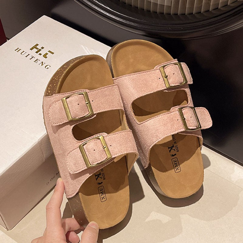 Bebealy Women's Sandals Soft-soled Platform Sandals Double Buckle Roman-style Belt-buckle Slippers Popular Slip-on Flat Slippers