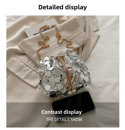 Sequin Chain Women's Portable Bucket Shoulder Bags Retro Ladies Dinner Party Clutch Purse Luxury Design Female Crossbody Bag
