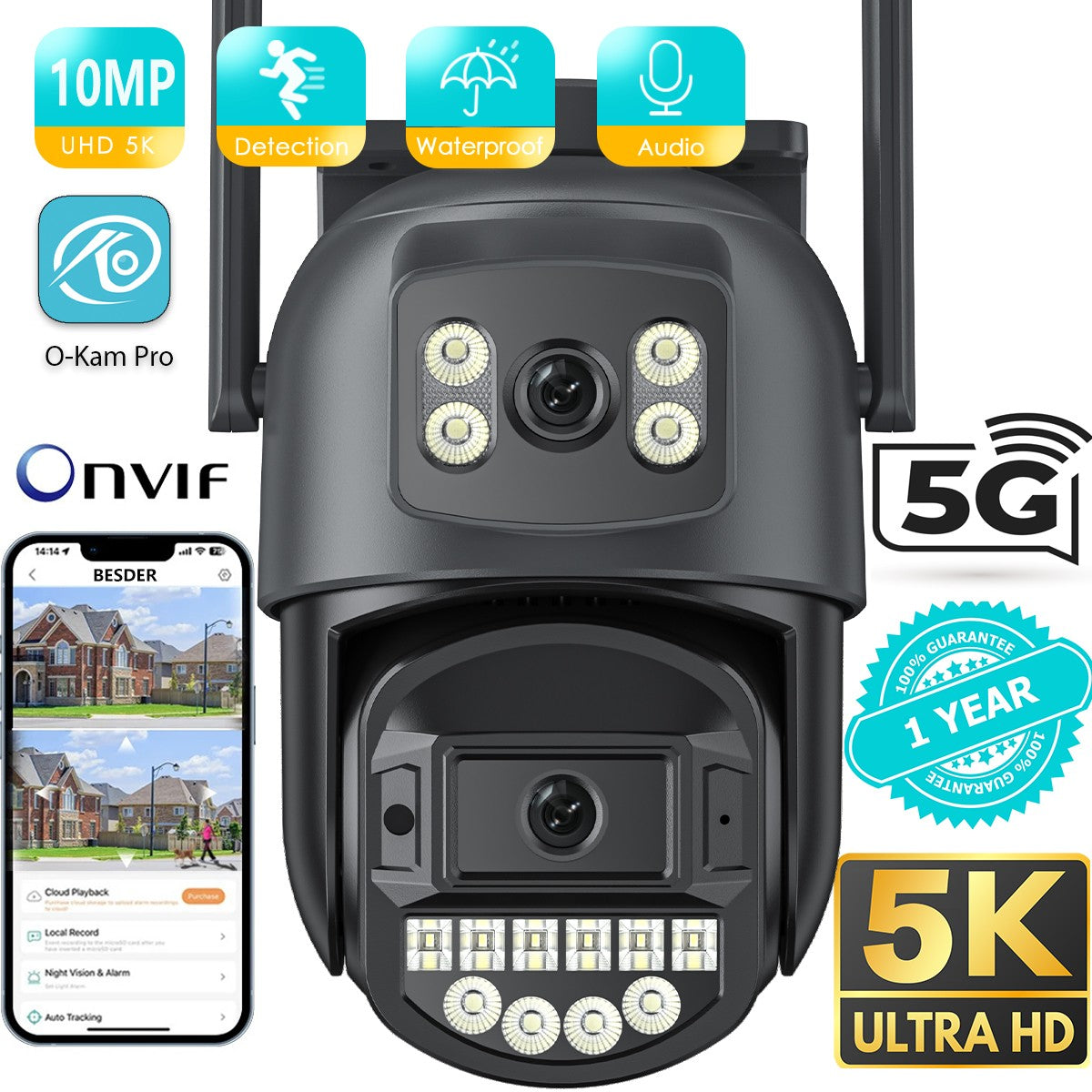 BESDER 5GHz WiFi Surveillance Camera 5K 10MP Dual Lens AI Human Detection Outdoor Security PTZ IP Cameras 10MP Intercom CCTV Cam