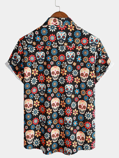 Men's Floral Skull Smiley Shirt Tropical Fashion Hawaiian Street Casual Short Sleeve Shirt Lapel Fashion Outdoor