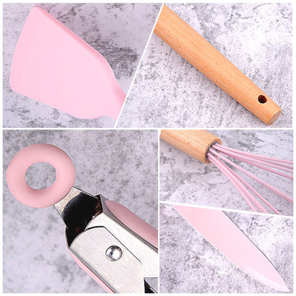 MDHAND Kit de Utensílios de Cozinha de Silicone Resistente ao Calor com 20 Peças, com Cabos de Madeira, Facas, Colher de Sopa com Tesouras, Cozinhe Sem Complicações