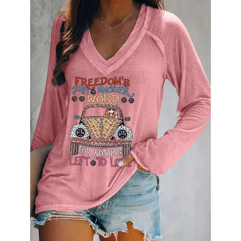 Ilstile Women's Hippie Car Letter Print T-Shirts Spring Summer Long Sleeve Casual Loose V Neck Tops WhiteTees New Arrival