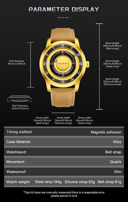 FOXBOX Fashion Unique Dial Man Watch Leather Casual Sports Srolling Bead Magnetic Force Waterproof Quartz Watches for Men Clocks