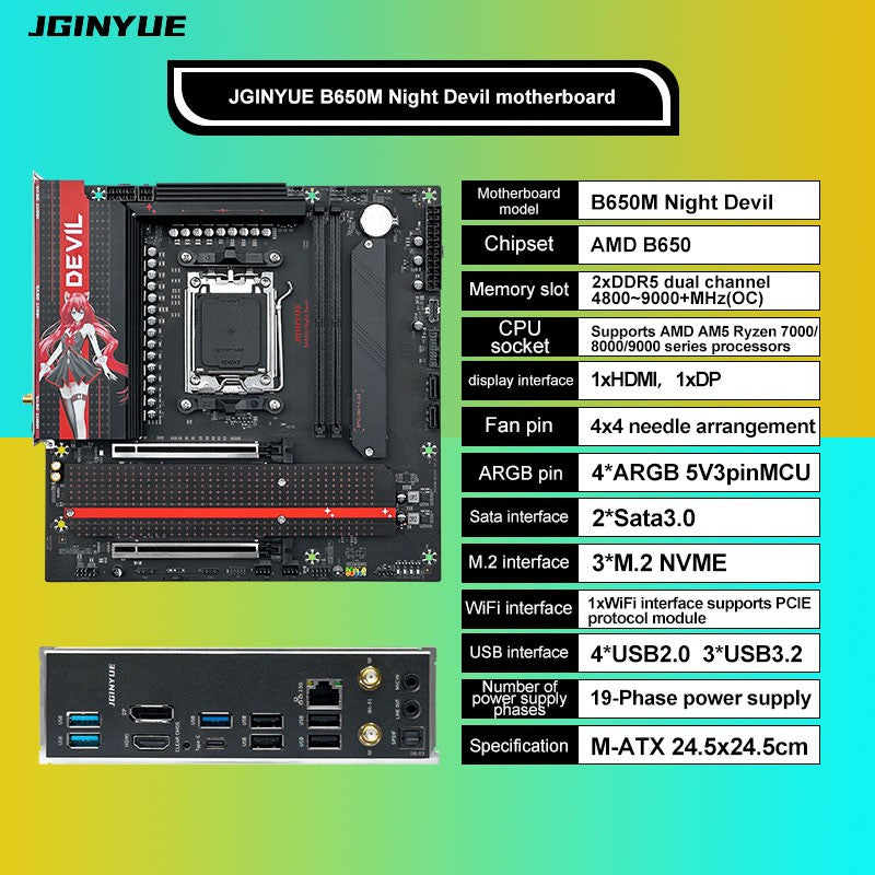 Placa-mãe AM5 DDR5 96GB GAMING Chipset AMD B650 WiFi 6 PCIe 4.0 3x M.2 USB 3.2 Tipo-C 9000MHz para AMD Ryzen 7 9700X, Micro ATX