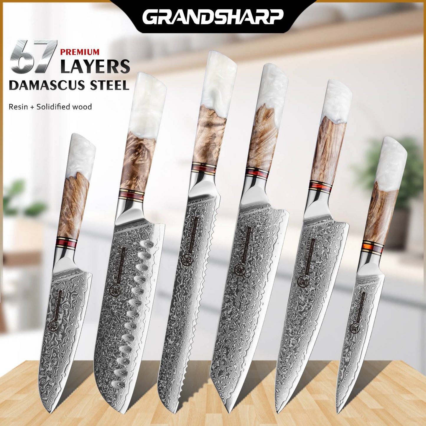 Grandsharp 1-6Pcs Kitchen Knife Set 67 Layer Damascus Steel Solidified Wood Handle Chef Utility Paring Knife with Gift Box