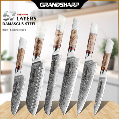 Grandsharp 1-6Pcs Kitchen Knife Set 67 Layer Damascus Steel Solidified Wood Handle Chef Utility Paring Knife with Gift Box