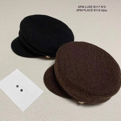 Korean Blogger Same Style Metal Button Autumn Winter Maillard Duck Bill Hat Woolen Newsboy Cap Eight Panel Hat for Women