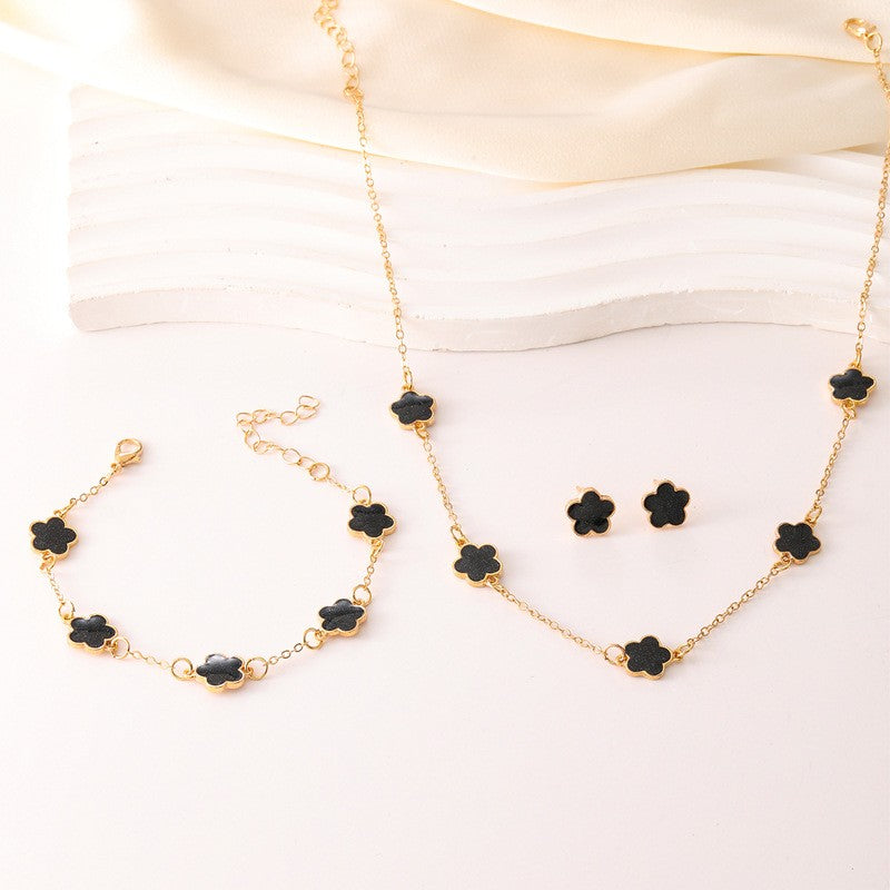 3pçs/conjunto Colar, Pulseira e Brincos de Flor de Cinco Pétalas da Sorte para Mulheres Elegante Trevo Moda Festa Joias Presentes Acessórios