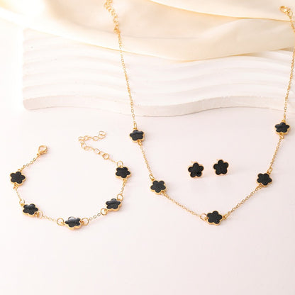 3pçs/conjunto Colar, Pulseira e Brincos de Flor de Cinco Pétalas da Sorte para Mulheres Elegante Trevo Moda Festa Joias Presentes Acessórios