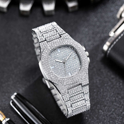 Hiphop Full Diamond Square Quartz Watch for Men Women Luxurious Stainless Steel Strap Rhinestone Studded Dial