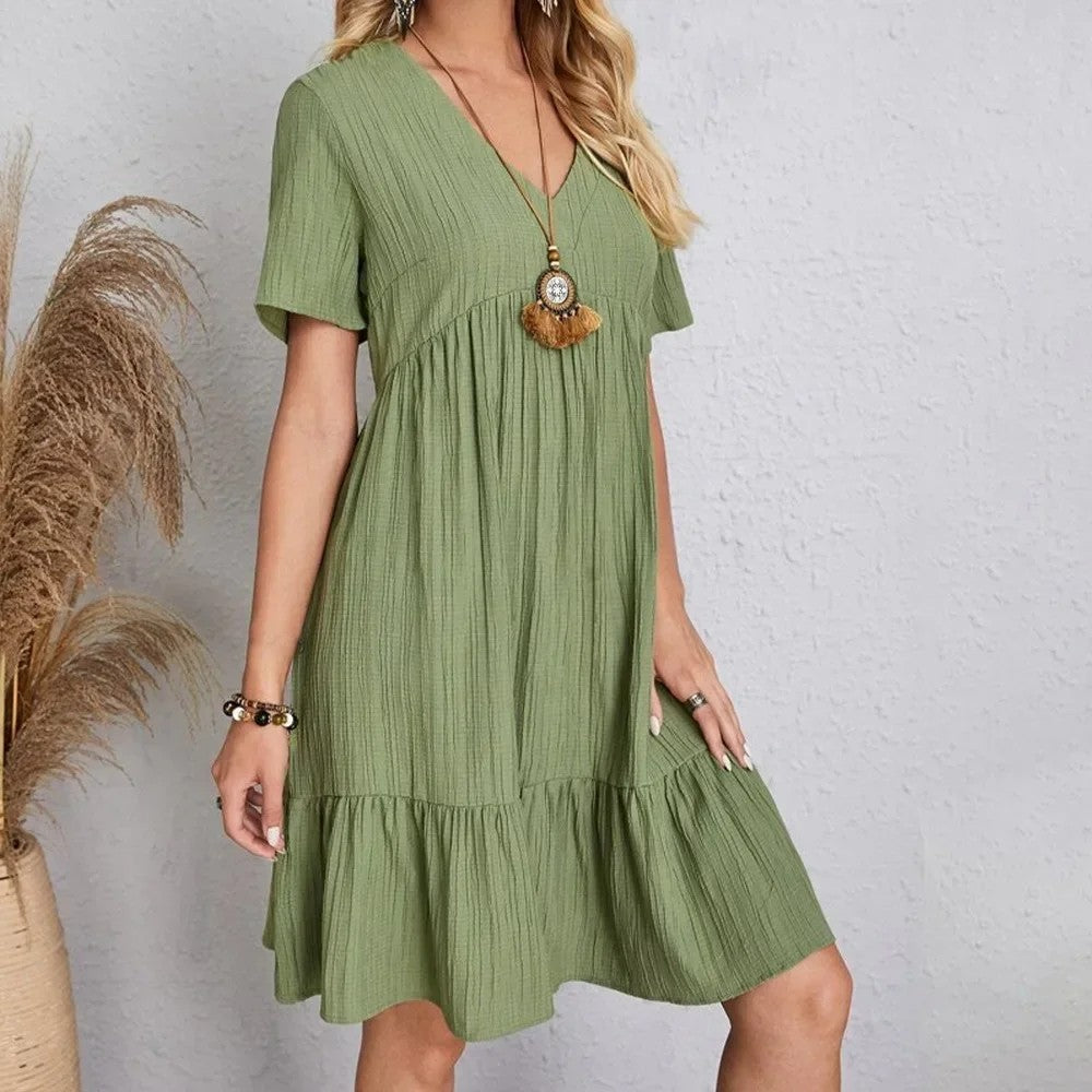 Women Summer Peplum Dresses Spring V-Neck Short Sleeve Loose Waist Ruffle Fit Fl
