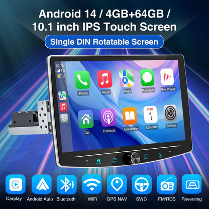 4+64GB Single 1 Din Android 14.0 10.1" Universal Wireless Carplay Rádio Estéreo Multimídia Automotivo GPS Navi WIFI Android Auto