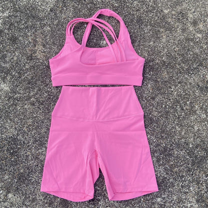 Yoga Fitness Suit Shorts Set Gym Sports Set Women Clothes 2 Piece Sports Bra Top High Waist Short Legging Running Tracksuit