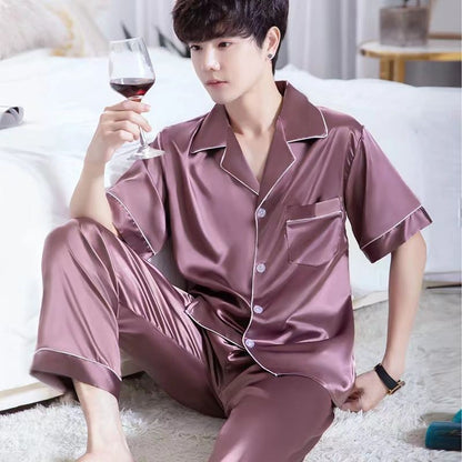 New Ice Silk Pajamas, Men's Summer Short-Sleeved Trousers, Thin High-End Simulated Silk Plus-Size Loose Loungewear Two-Piece Set