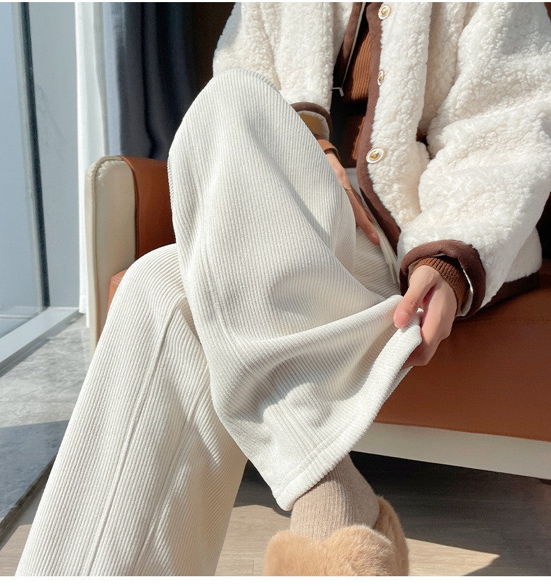 High Waist Warm Trousers Fashion Winter Fleece Thickened Women's Pants Solid Color Loose Elastic Waist Straight Casual Pants