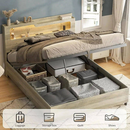[Oferta por Tempo Limitado + Frete Grátis!] Cama Queen Size com Baú e Estação de Carregamento, Cabeceira de 2 Níveis
