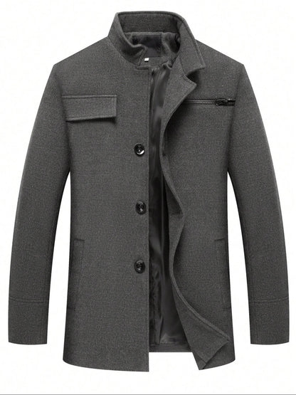 Men's Woolen Overcoat Long Sleeve Solid Casual Jacket with Pockets, Comfortable Daily Wear, Business & Sports Fashion