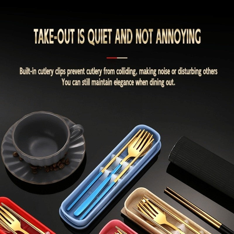 Conjunto Portátil de Utensílios de Aço Inoxidável - Colher, Garfo e Hashis de 3 Peças para Viagem, Acampamento, Almoço Escolar, Kit de Jantar Estilo Coreano