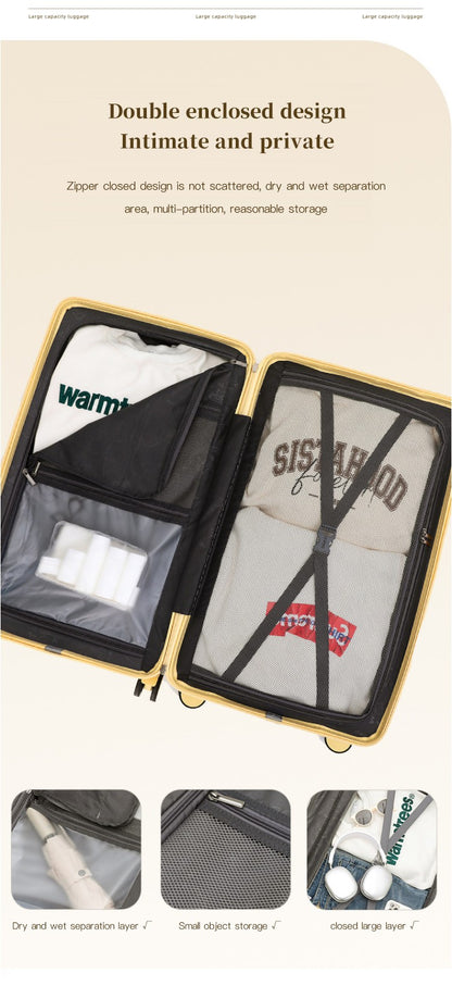 sushimu Suitcase Wide Handle Travel Suitcase Men 20 24 26 Carry-On Luggage Women PC Aluminum Frame Trolley Case