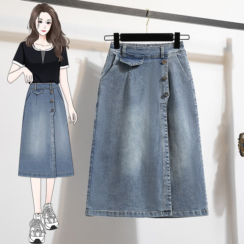 Plus Size Denim Skirt Women Autumn 2024 New High Elastic Waist Blue Color Jeans Skirts With Lining Korean Style Casual Skirt