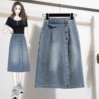 Plus Size Denim Skirt Women Autumn 2024 New High Elastic Waist Blue Color Jeans Skirts With Lining Korean Style Casual Skirt