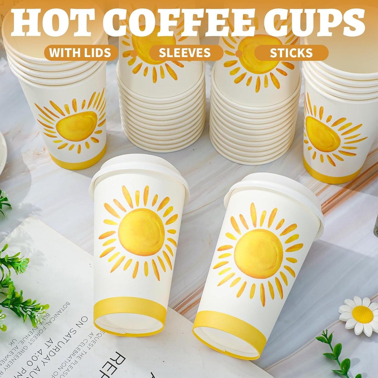 50 Conjuntos de Copos de Café Boho Sol com Tampa 16oz Copos de Papel Amarelos Sunshine First Trip Around The Sun Descartáveis Para Viagem