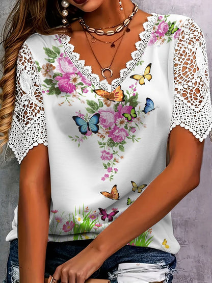 New Boho Flower Blouses Womens Fashion Shirt V-Neck Short Sleeve Flower Print Shirt Tops Casual Loose Ladies Floral Lace