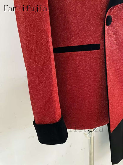 Fanlifujia Luxury Red Glitter Suits Men Groom Wedding Tuxedo Double Breasted Blazer Formal Evening Party Prom Dress 2 Pieces Set