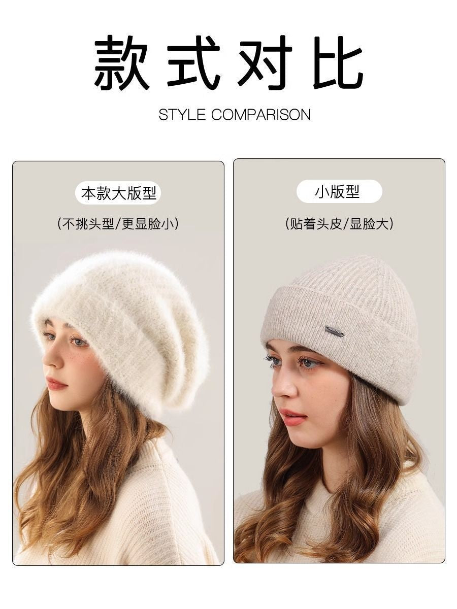 Angora Rabbit Fur Beanies Women's Warm Fluffy Knitted Slouchy Beanie Hat Female Soft Oversize Thermal Hats Autumn Winter