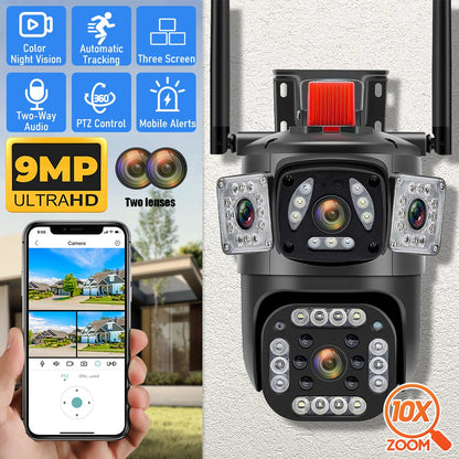 9MP 8K WiFi Camera Outdoor 10X Zoom Three Lens Dual Screen PTZ Waterproof Surveillance Security Video Street Camera