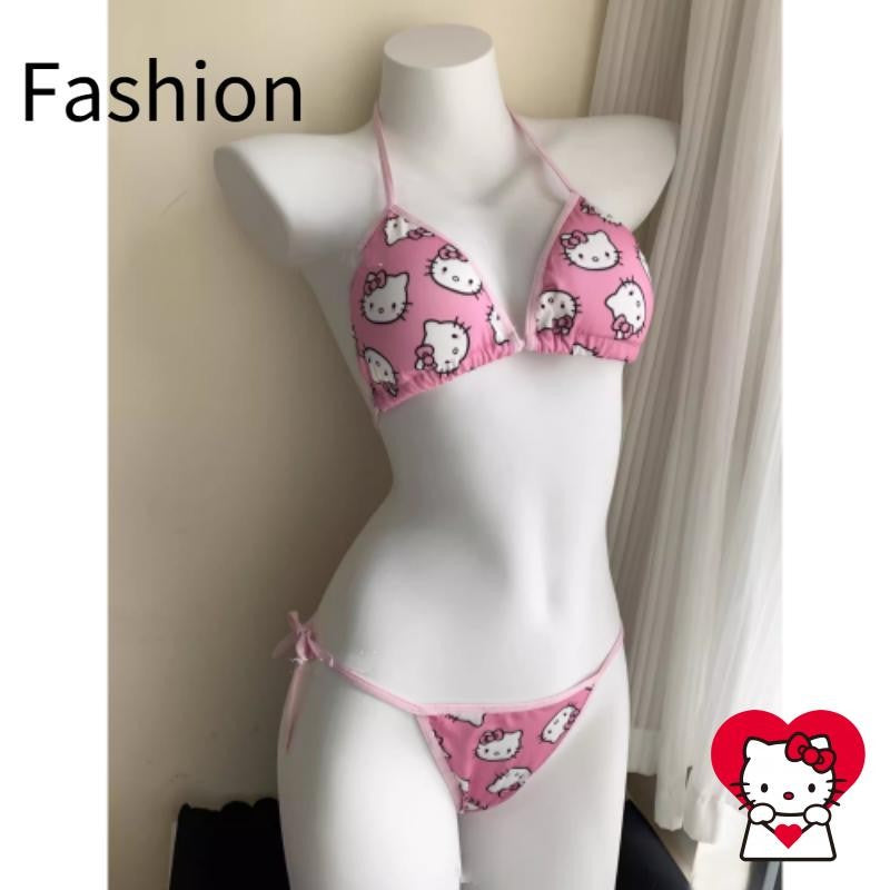 2Pcs Sanrio Cute Swimsuit Hello Kittys Girl Kawaii New Style Bikini Vacation Comfortable Two Piece Set Cartoon High End Gifts