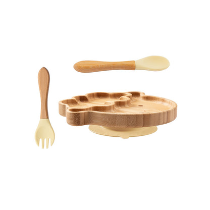 Baby Wooden Tableware Set Could Bamboo Wooden Plate Bowl Silicone Suction Wooden Handle Fork Spoon for Children Feeding Supplies
