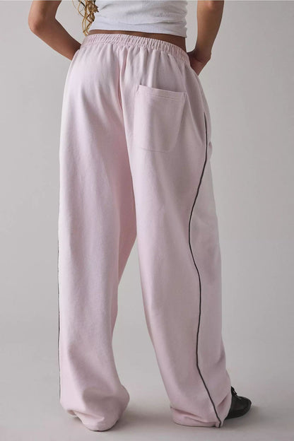 Pantalones Casuales New Pink Embroidered Casual Pants For Women Loose And Comfortable Straight Elastic Waist Trousers 2025 New