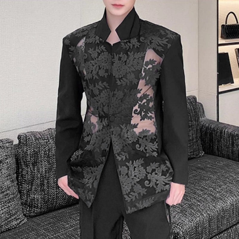 INCERUN Men Blazer Mesh Patchwork Lace Transparent Lapel Long Sleeve Casual Suits Men Streetwear 2024 One Button Fashion Coats