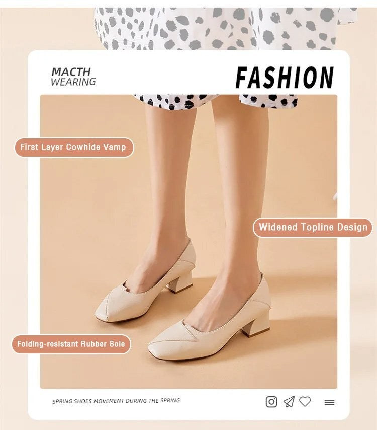 Four Seasons Shoes Soft Bottom Middle-aged Women's Shoes Chunky Heeled Mom Shoes Comfortable Casual Work Leather Shoes