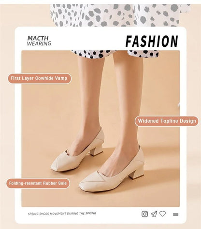 Four Seasons Shoes Soft Bottom Middle-aged Women's Shoes Chunky Heeled Mom Shoes Comfortable Casual Work Leather Shoes