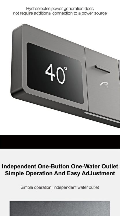 Sistema de chuveiro de teto luxuoso em latão cinza escuro com temperatura constante e display digital LED de água quente e fria, torneira de banheiro embutida