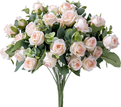 10 Heads pink Artificial Silk Rose Flowers Fake White Eucalyptus  Peony Flower Bouquet, for Home Wedding Party Garden Decoration
