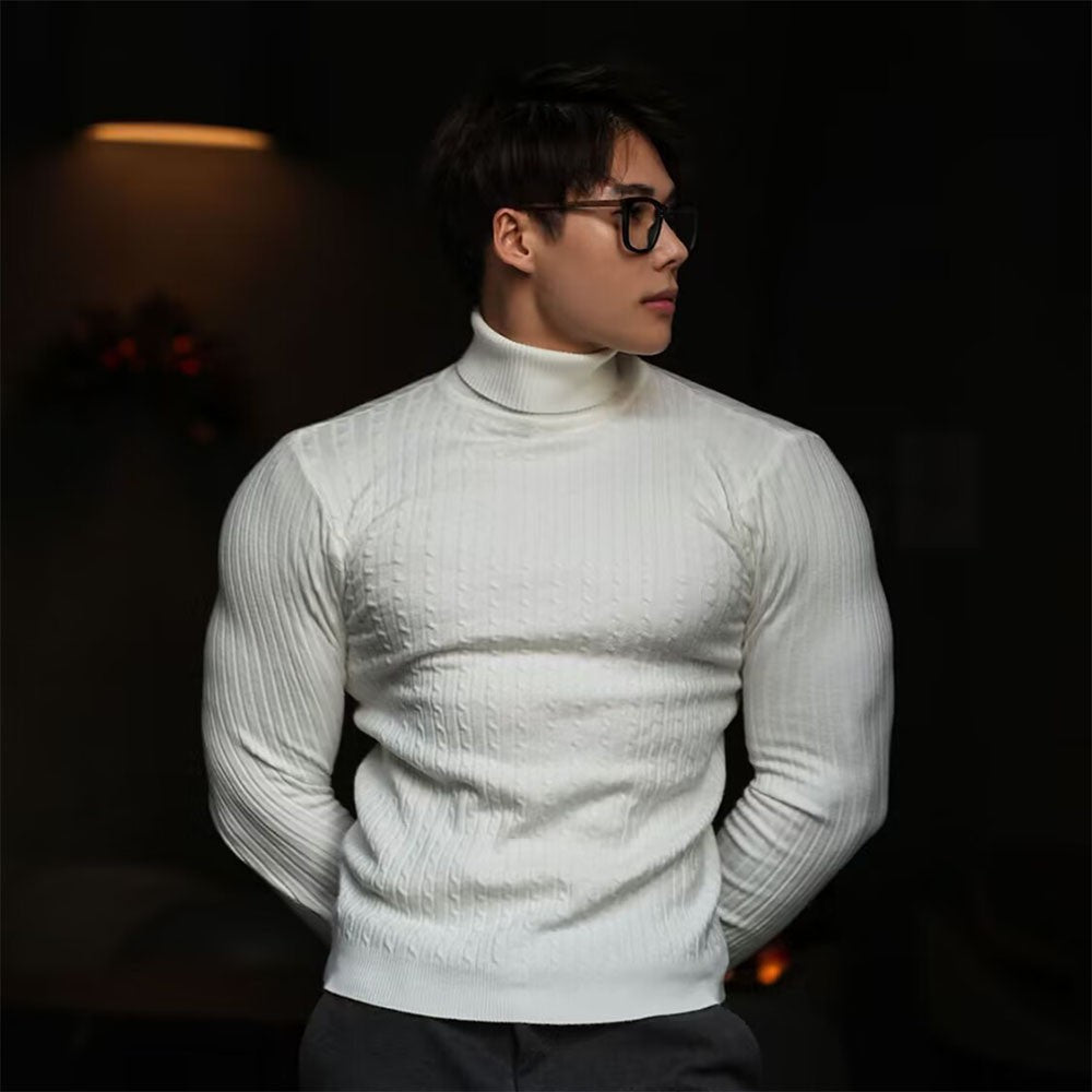 New Men's Turtleneck Sweaters Autumn Knitted Striped Streetwear Warm Long Sleeved Pullover Solid Color Basic Style Casual Tops
