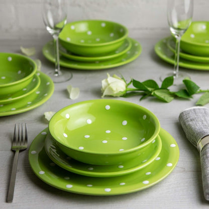 Handmade Lime Green and White Polka Dot Ceramic 12 piece Dinnerware Set | Pottery Tableware Service for 4 | Dinner Plates | Side