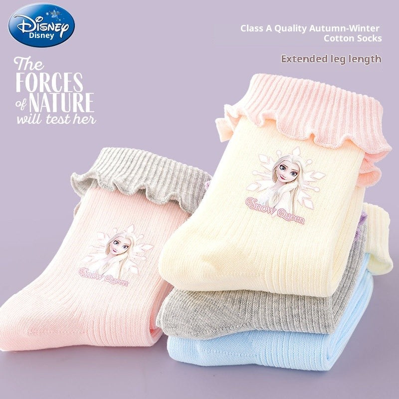 Disney Girls' Socks Autumn/Winter Lace Short Socks Elsa Princess A-Class Cartoon Children'S Cute Warm Cotton Socks