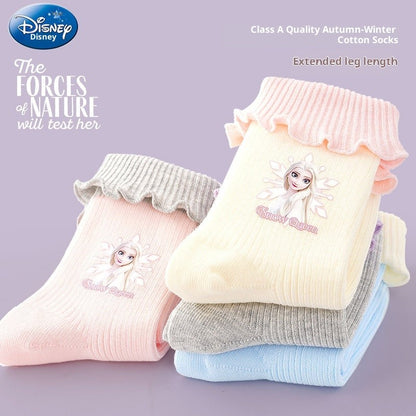 Disney Girls' Socks Autumn/Winter Lace Short Socks Elsa Princess A-Class Cartoon Children'S Cute Warm Cotton Socks