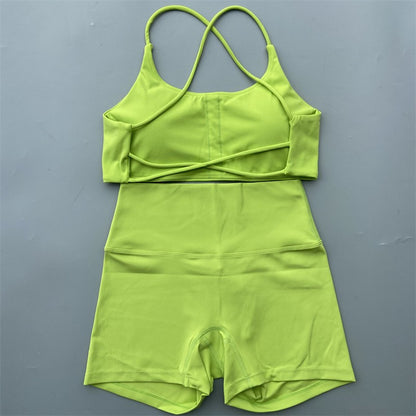 Yoga Shorts Set Gym Two Piece Sports Set Women Workout Outfit Fitness Suit Cross Straps Bra High Waist Shorts Running Tracksuit