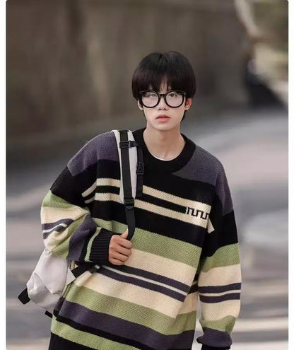 Simple Versatile Trendy Men's Crew Neck Sweater Contrasting Stripes Casual Loose Neutral Style Pullover