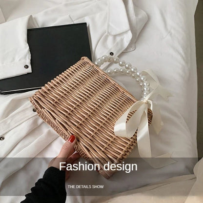 Straw Tote Hand Bags Summer Pearl Handle Handmade Knitted Handbag Storage Rattan Weaving Basket Shoulder Bag Women Girls