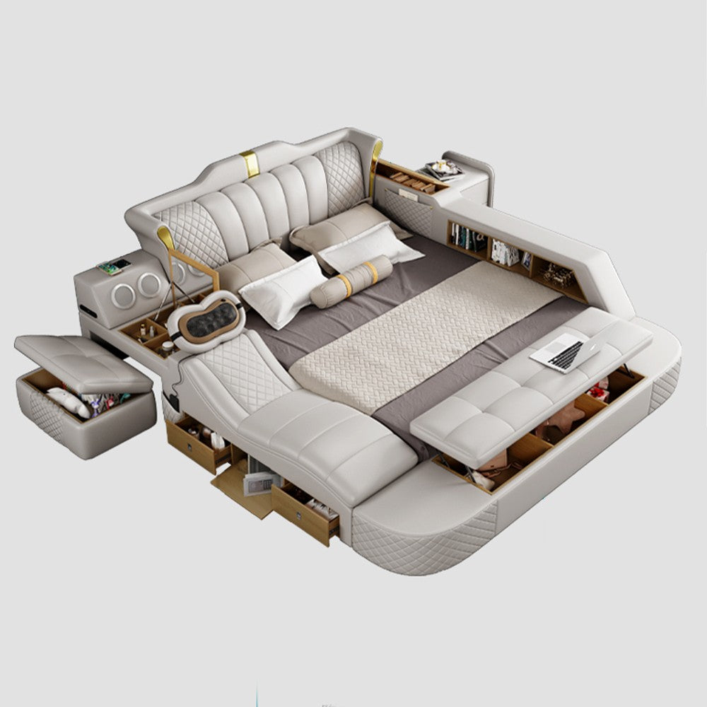 Tech Smart Bed 2 People with King Size Bed Frame Queen, Genuine Leather, Massage, USB, Bluetooth Speaker, and Safe By MINGDIBAO